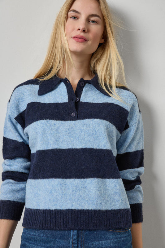 Striped Polo Sweater Womens Sweater Clearwater Stripe A1