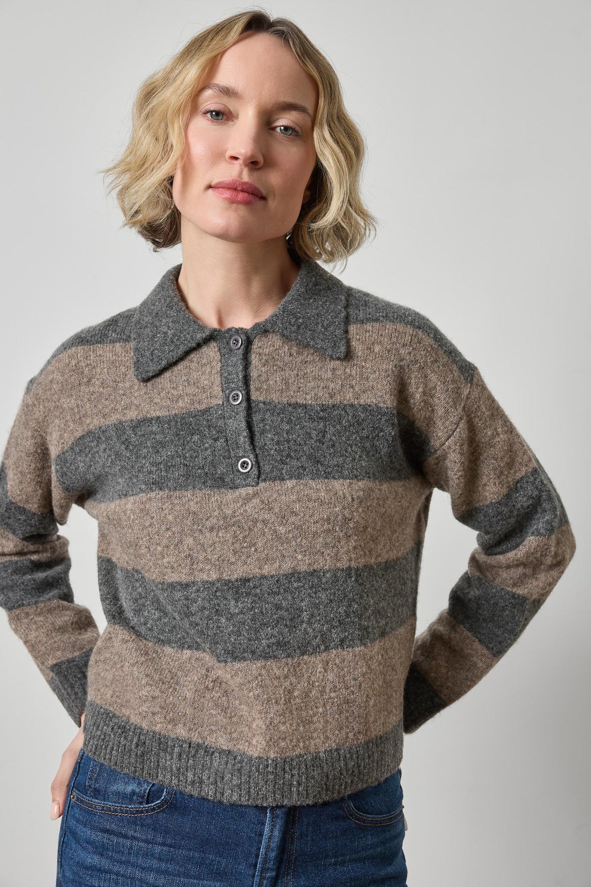 Striped Polo Sweater Womens Sweater Graphite Stripe A1