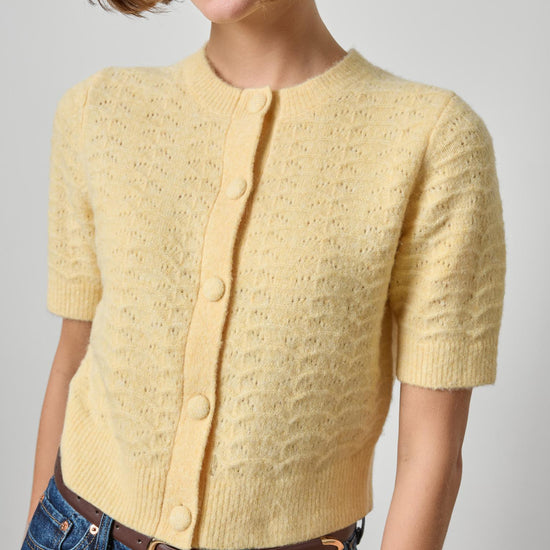 Short Sleeve Crewneck Cardigan Womens Sweater Buttercream A1