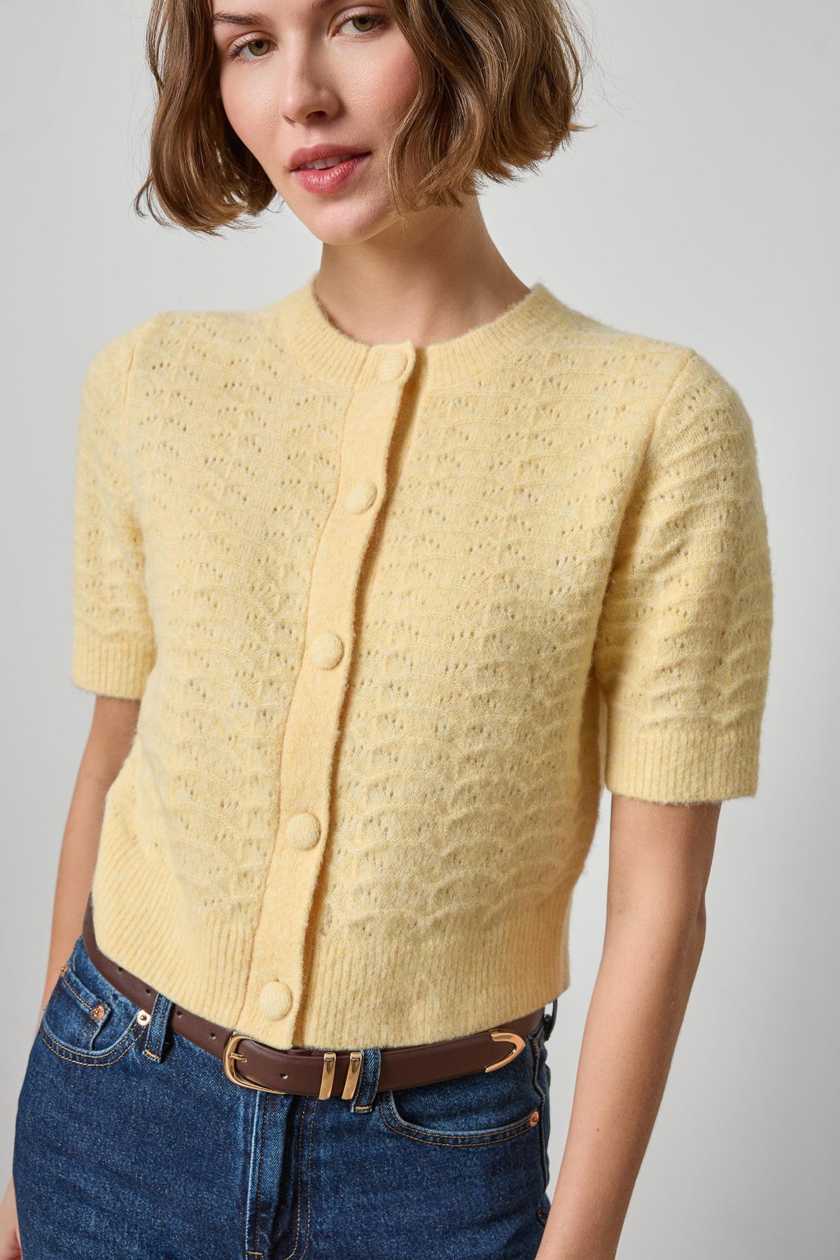 Short Sleeve Crewneck Cardigan Womens Sweater Buttercream A1