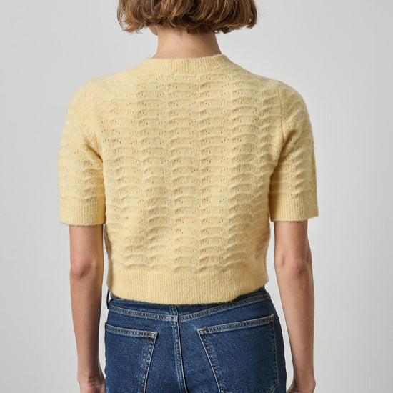 Short Sleeve Crewneck Cardigan Womens Sweater Buttercream A2
