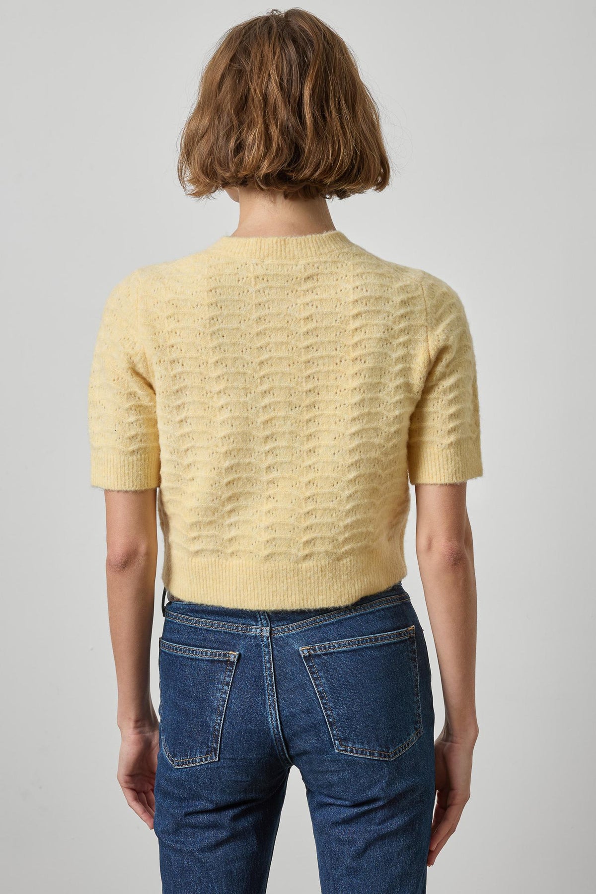 Short Sleeve Crewneck Cardigan Womens Sweater Buttercream A2