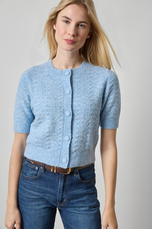 Short Sleeve Crewneck Cardigan Womens Sweater Clearwater A1