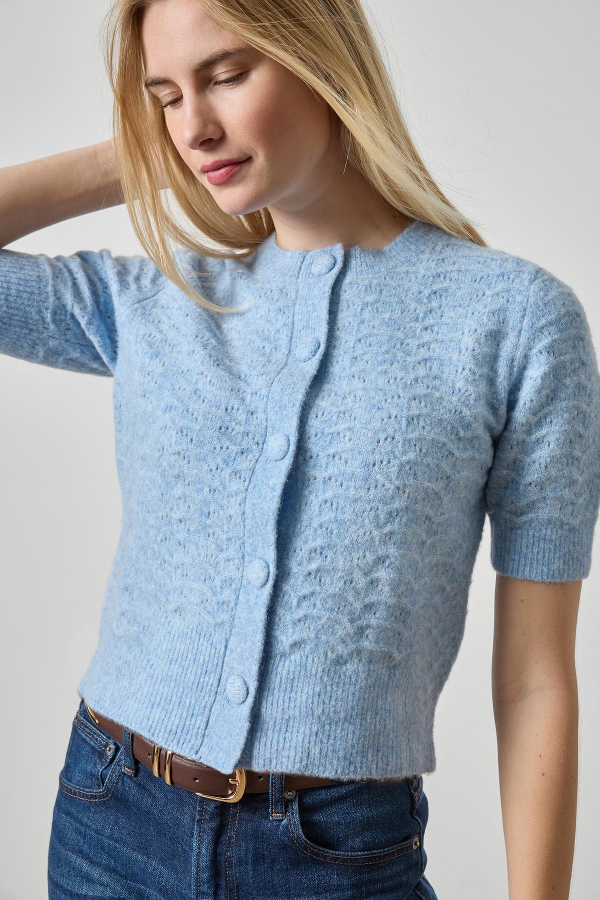 Short Sleeve Crewneck Cardigan Womens Sweater Clearwater A3