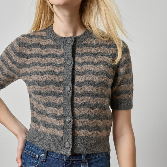 Short Sleeve Crewneck Cardigan Womens Sweater Graphite Stripe A1