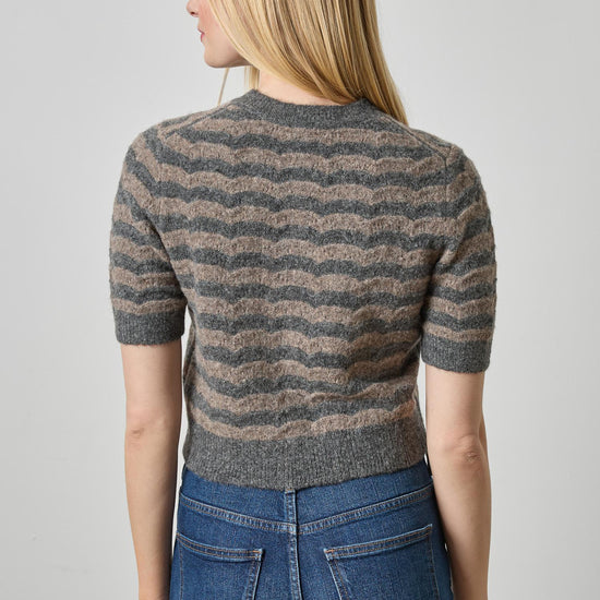 Short Sleeve Crewneck Cardigan Womens Sweater Graphite Stripe A2