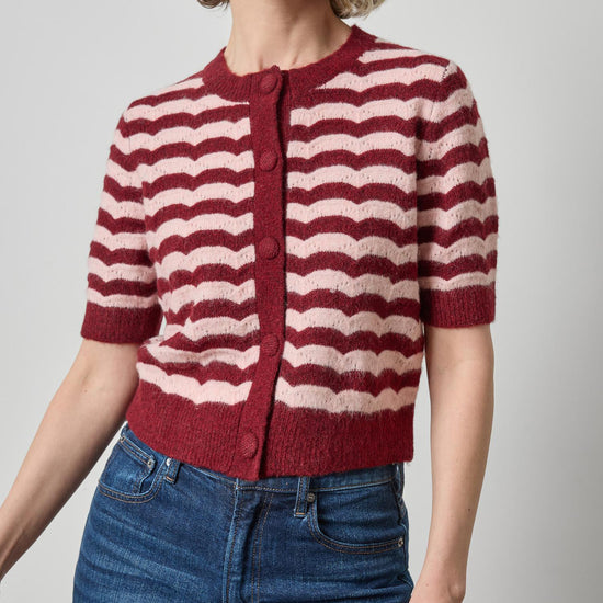 Short Sleeve Crewneck Cardigan Womens Sweater Port Stripe A1