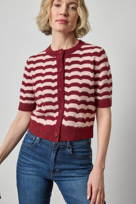 Short Sleeve Crewneck Cardigan Womens Sweater Port Stripe A1