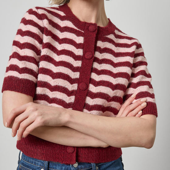 Short Sleeve Crewneck Cardigan Womens Sweater Port Stripe A3