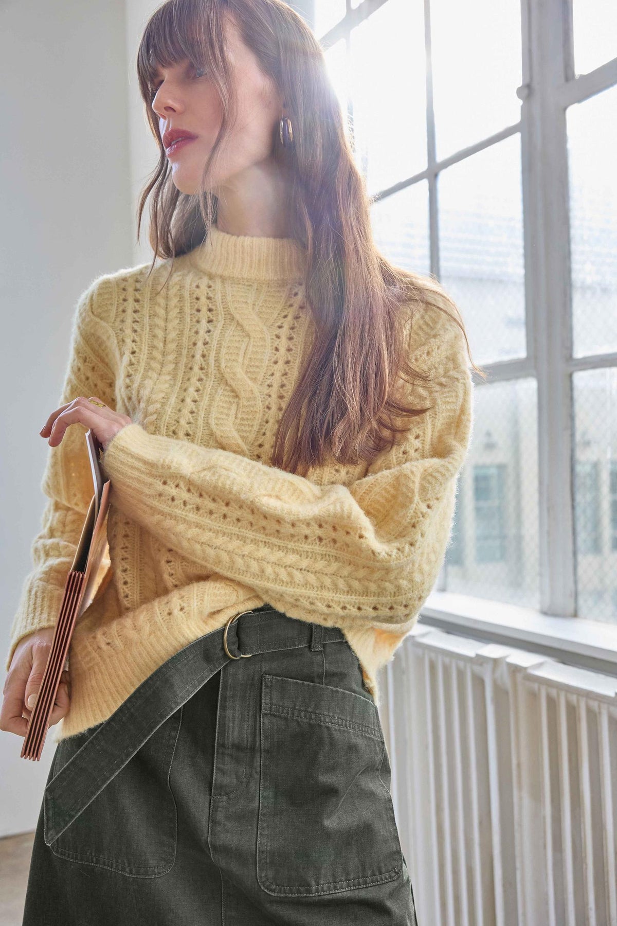 Relaxed Cable Knit Sweater Womens Sweater Buttercream C3