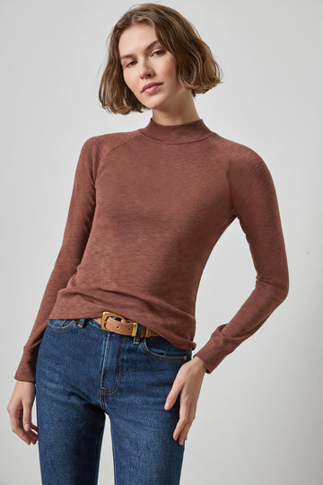 Raglan Long Sleeve Mock Neck Womens Top Chestnut A1