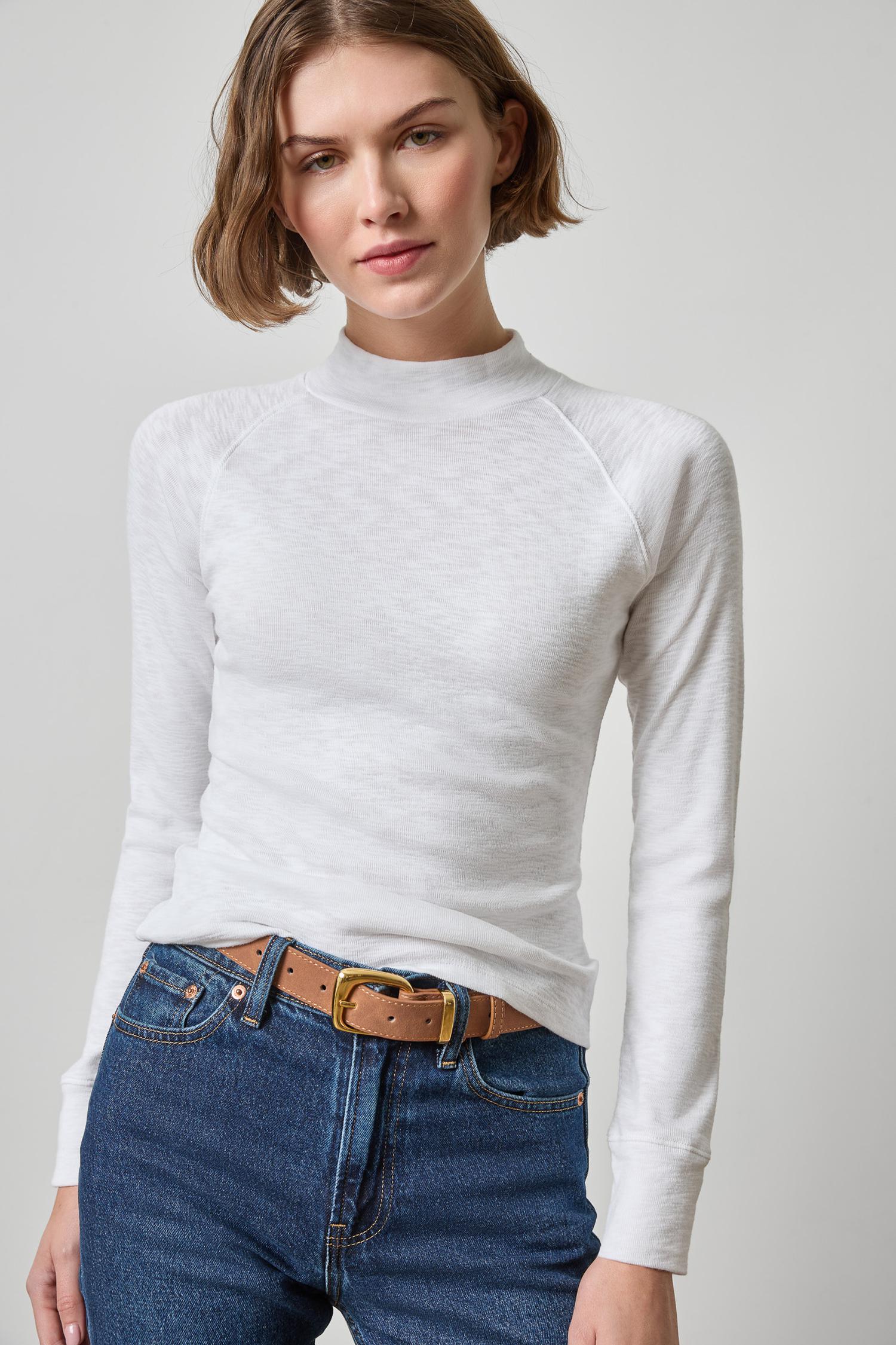 Raglan Long Sleeve Mock Neck Womens Top White A1
