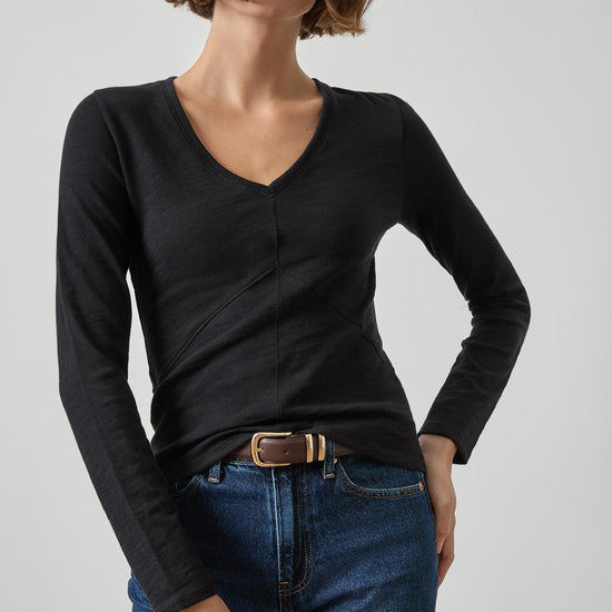 Vintage Long Sleeve Seamed V-Neck Womens Top Black A1