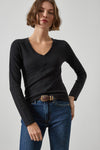Vintage Long Sleeve Seamed V-Neck Womens Top Black A1