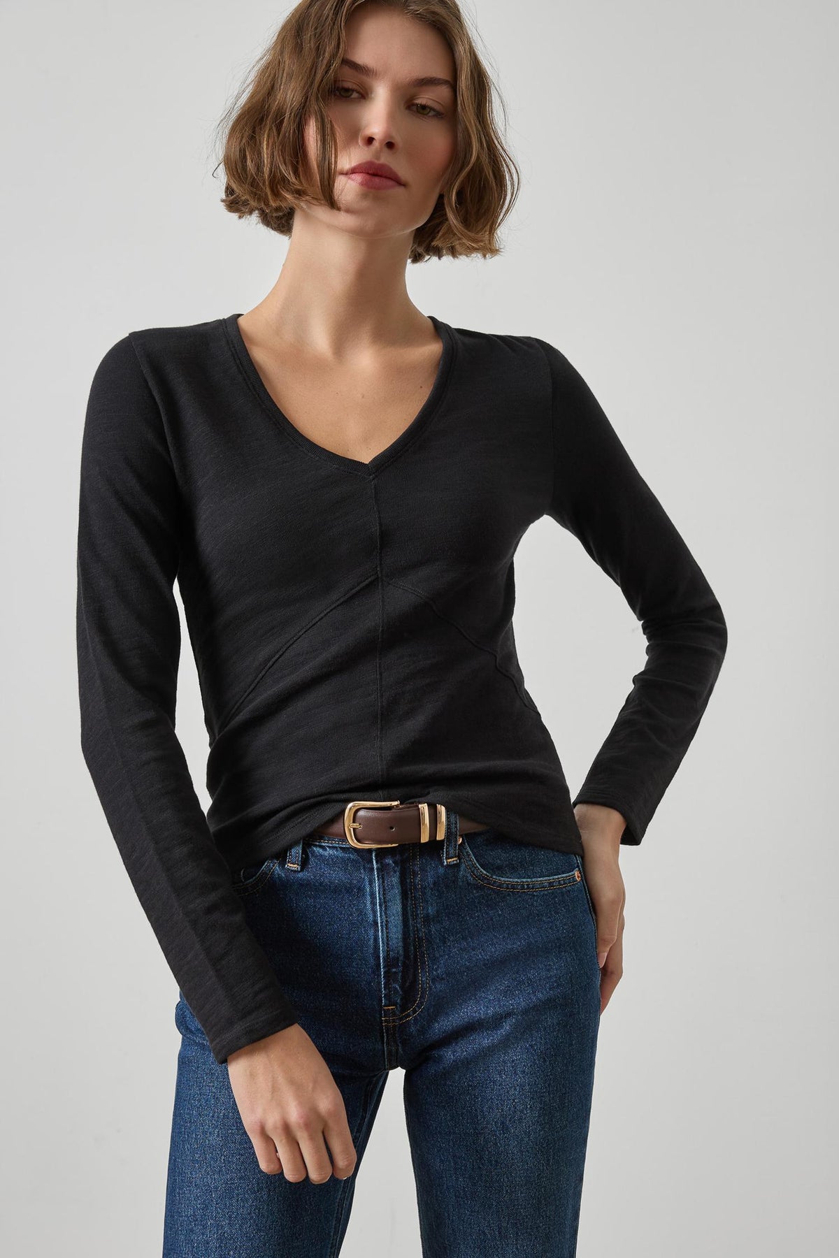 Vintage Long Sleeve Seamed V-Neck Womens Top Black A1