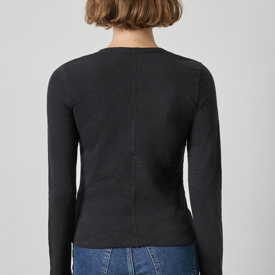 Vintage Long Sleeve Seamed V-Neck Womens Top Black A2