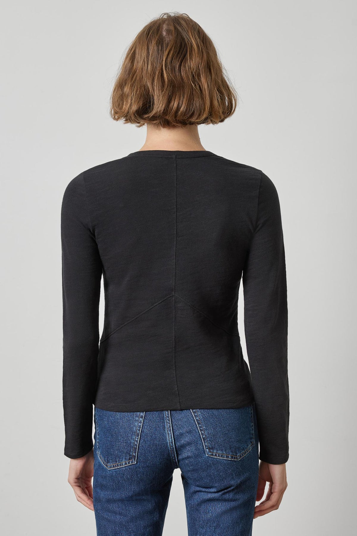 Vintage Long Sleeve Seamed V-Neck Womens Top Black A2