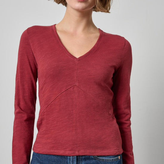 Vintage Long Sleeve Seamed V-Neck Womens Top Cabernet A1