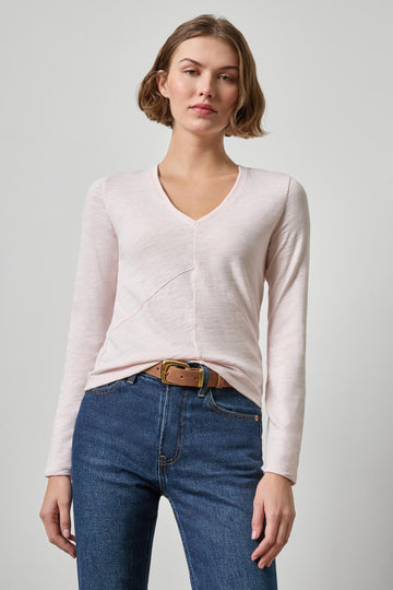 Vintage Long Sleeve Seamed V-Neck Womens Top Roseblush A1
