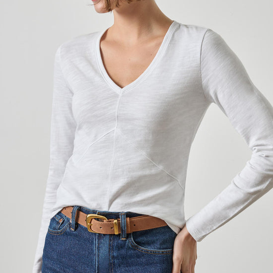 Vintage Long Sleeve Seamed V-Neck Womens Top White A1