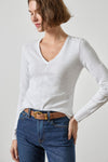 Vintage Long Sleeve Seamed V-Neck Womens Top White A1