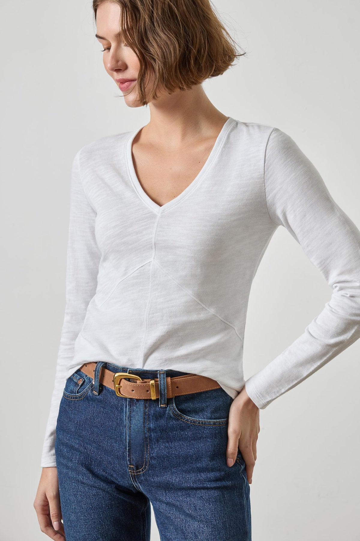 Vintage Long Sleeve Seamed V-Neck Womens Top White A1