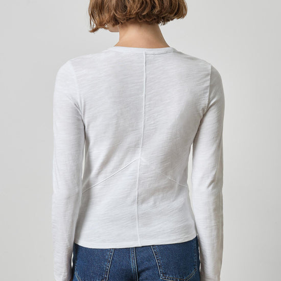 Vintage Long Sleeve Seamed V-Neck Womens Top White A2