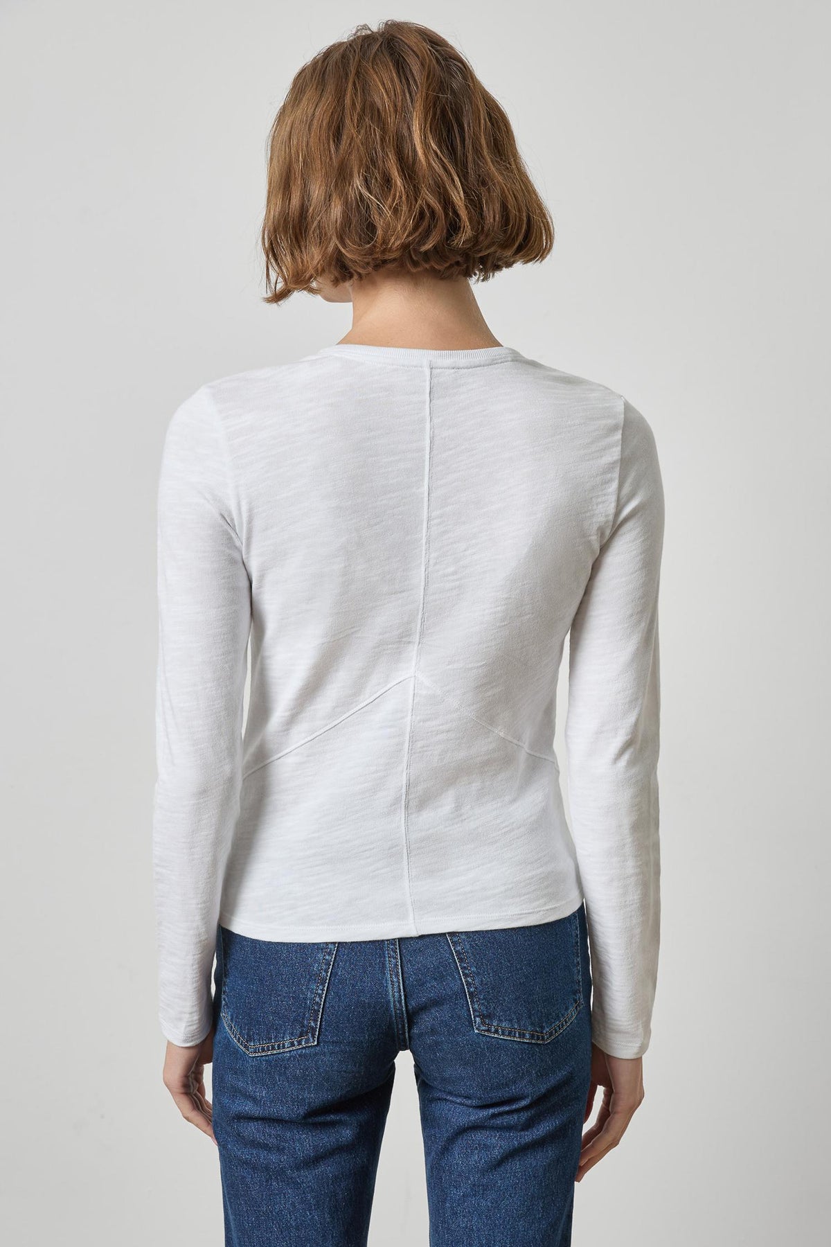 Vintage Long Sleeve Seamed V-Neck Womens Top White A2