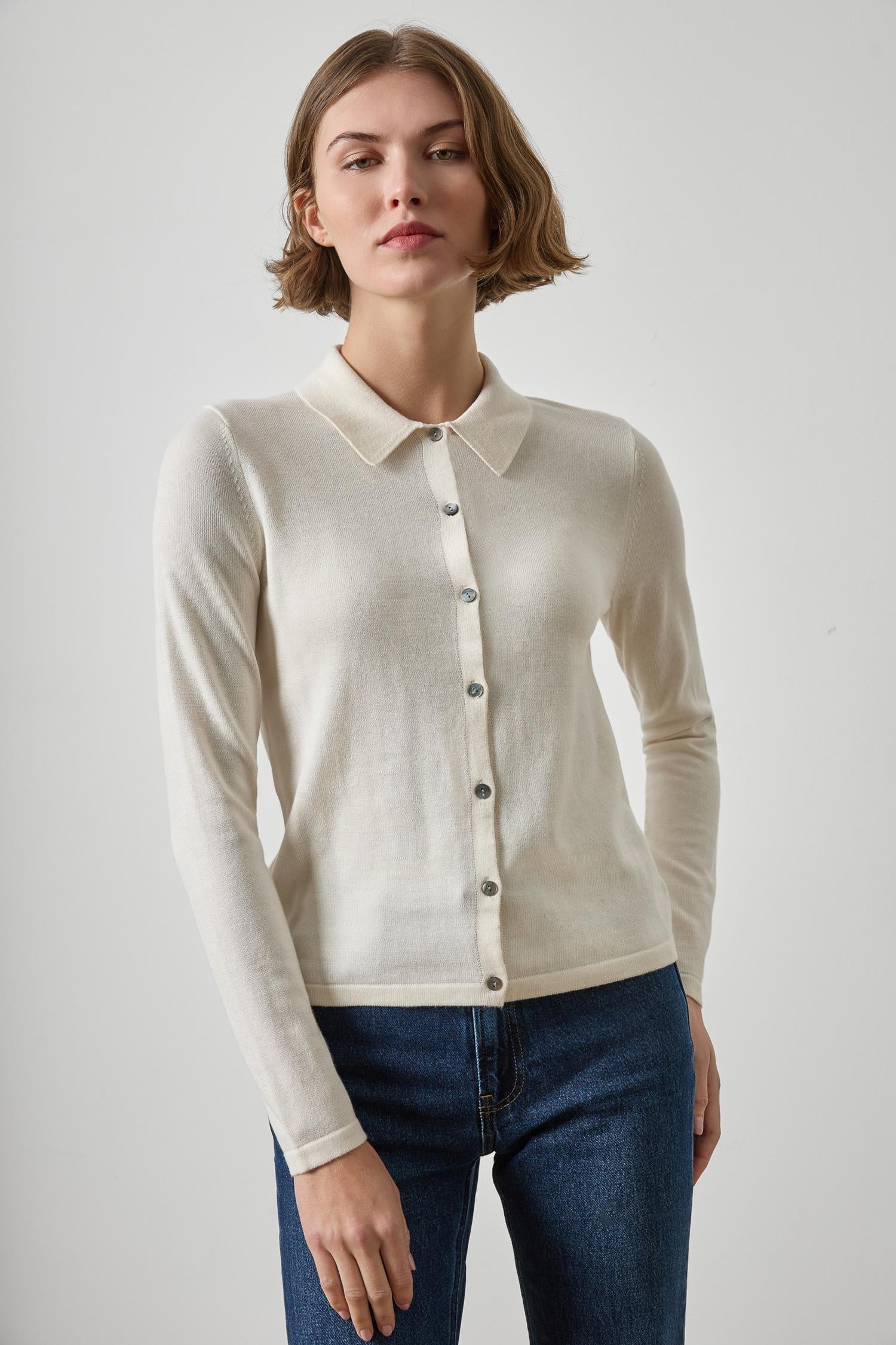 Collared Cardigan Womens Sweater Ivory A1