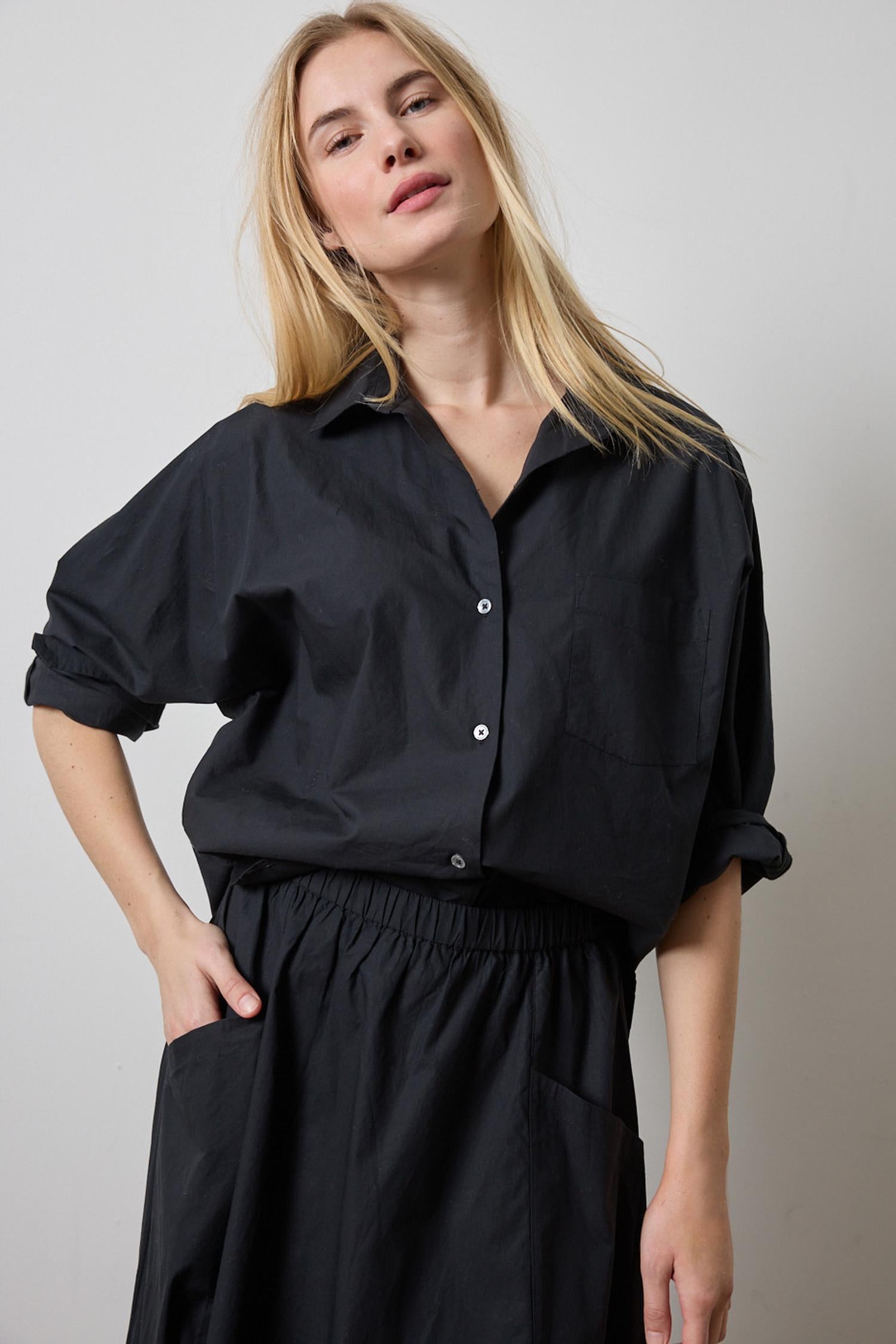 Dolman Sleeve Button Down Shirt in color Black Image A1