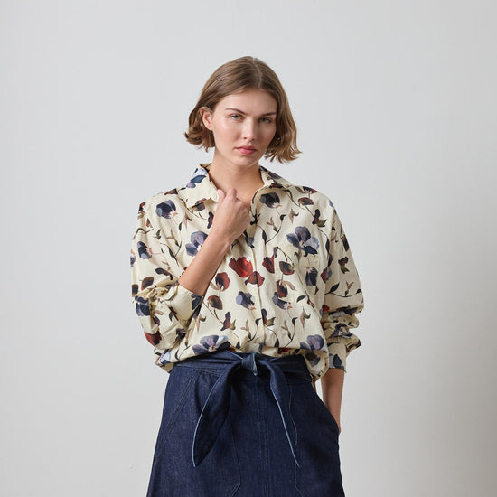 Dolman Sleeve Button Down Shirt in color Blue Poppy Print Image A1