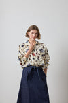 Dolman Sleeve Button Down Shirt in color Blue Poppy Print Image A1