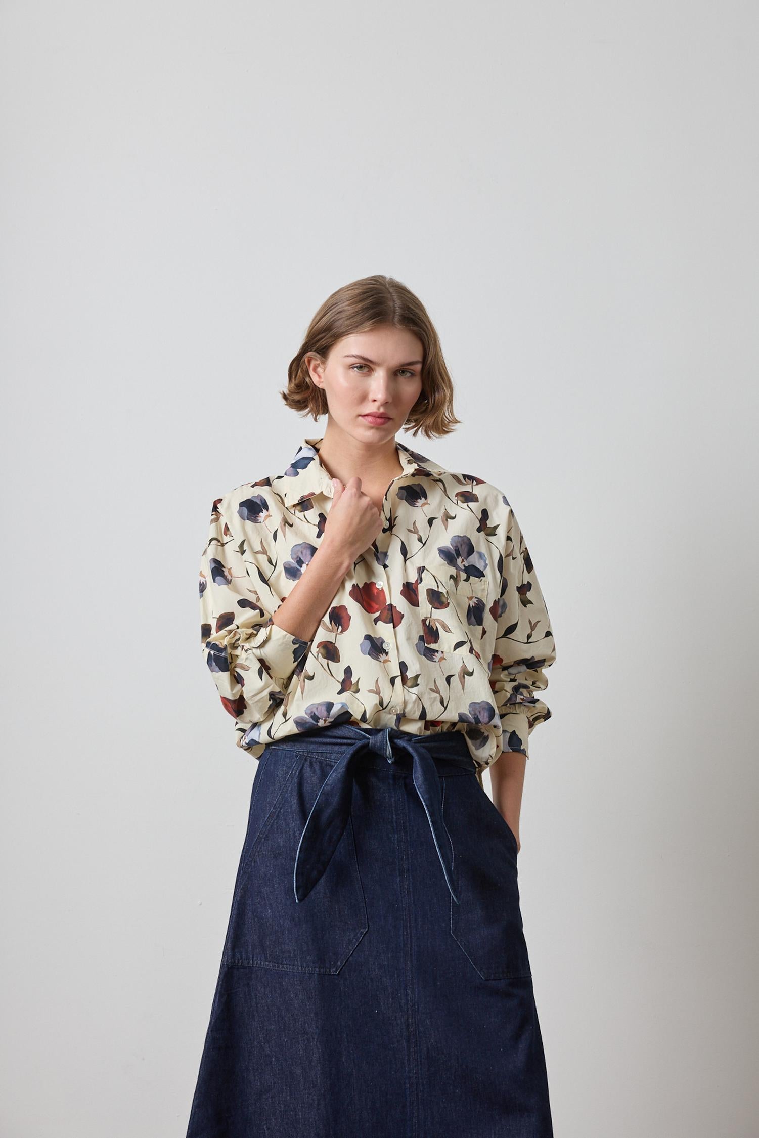 Dolman Sleeve Button Down Shirt in color Blue Poppy Print Image A1
