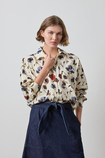 Dolman Sleeve Button Down Shirt in color Blue Poppy Print Image A1