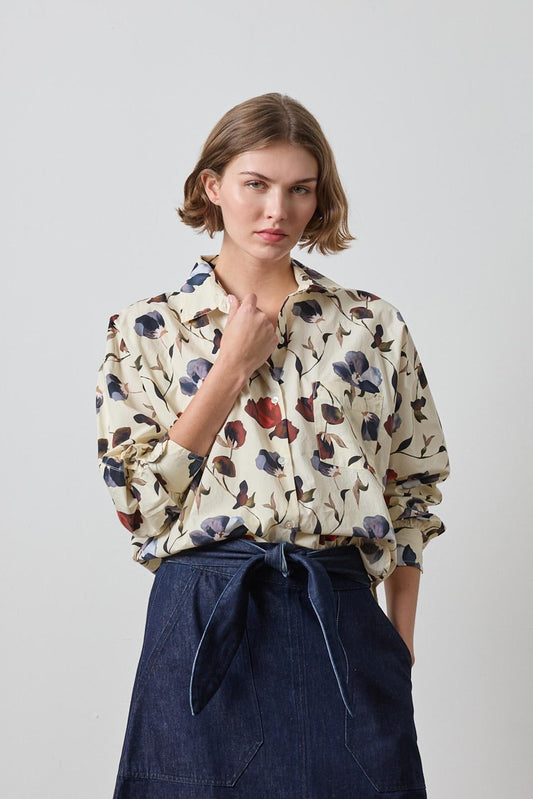 Dolman Sleeve Button Down Shirt in color Blue Poppy Print Image A1