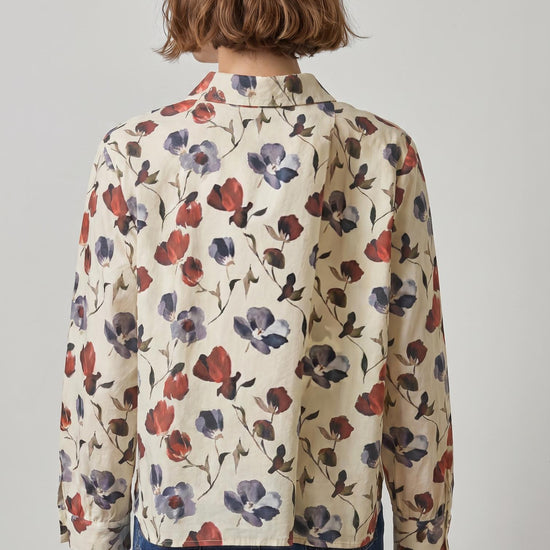 Dolman Sleeve Button Down Shirt in color Blue Poppy Print Image A2
