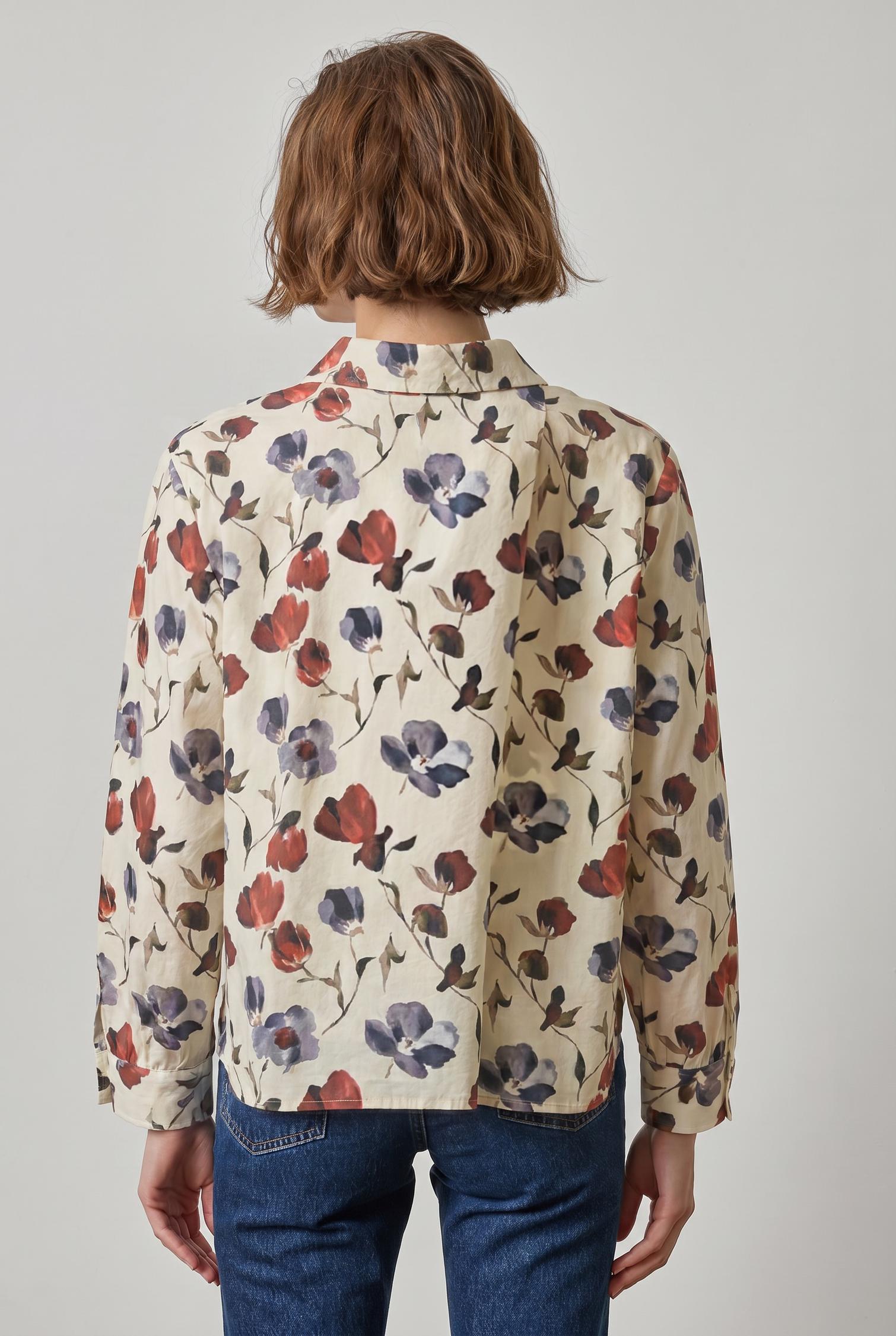 Dolman Sleeve Button Down Shirt in color Blue Poppy Print Image A2