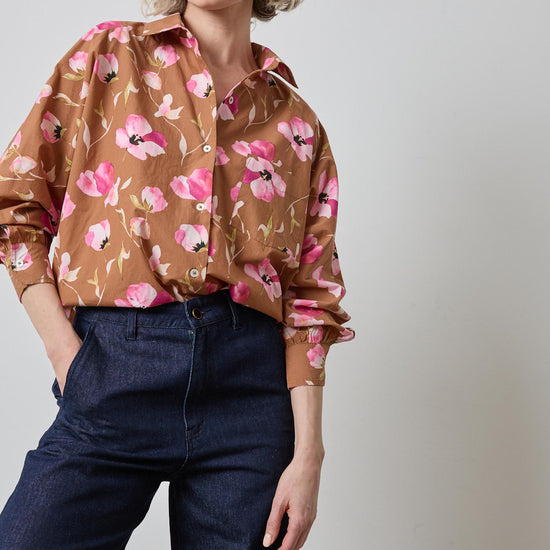 Dolman Sleeve Button Down Shirt in color Pink Poppy Print Image A1