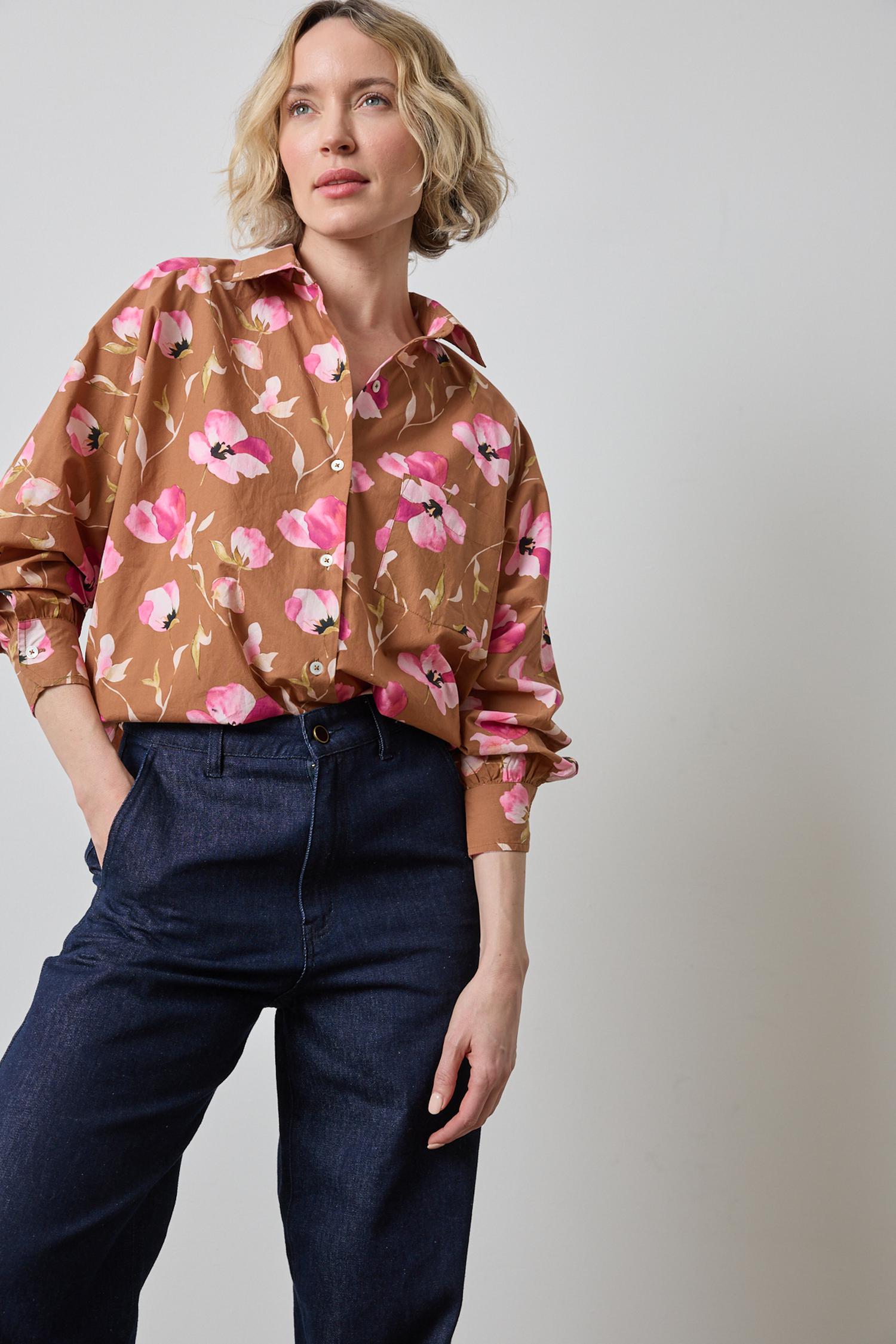 Dolman Sleeve Button Down Shirt in color Pink Poppy Print Image A1