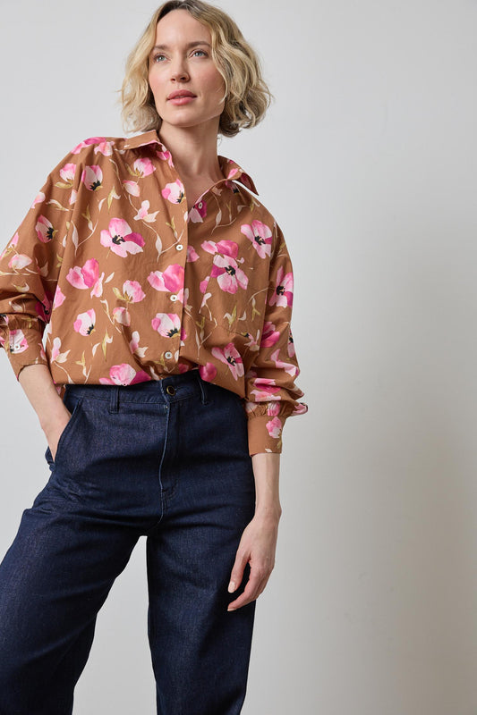 Dolman Sleeve Button Down Shirt in color Pink Poppy Print Image A1