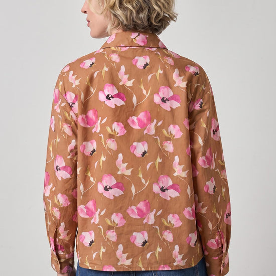 Dolman Sleeve Button Down Shirt in color Pink Poppy Print Image A2