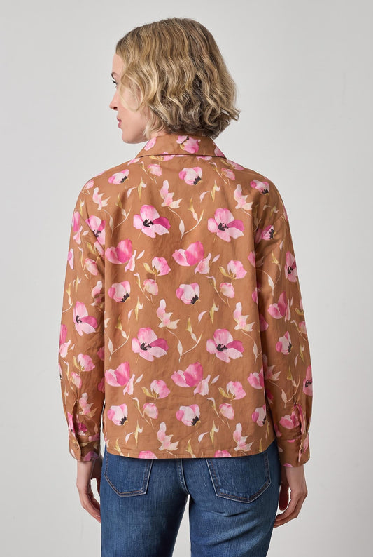 Dolman Sleeve Button Down Shirt in color Pink Poppy Print Image A2