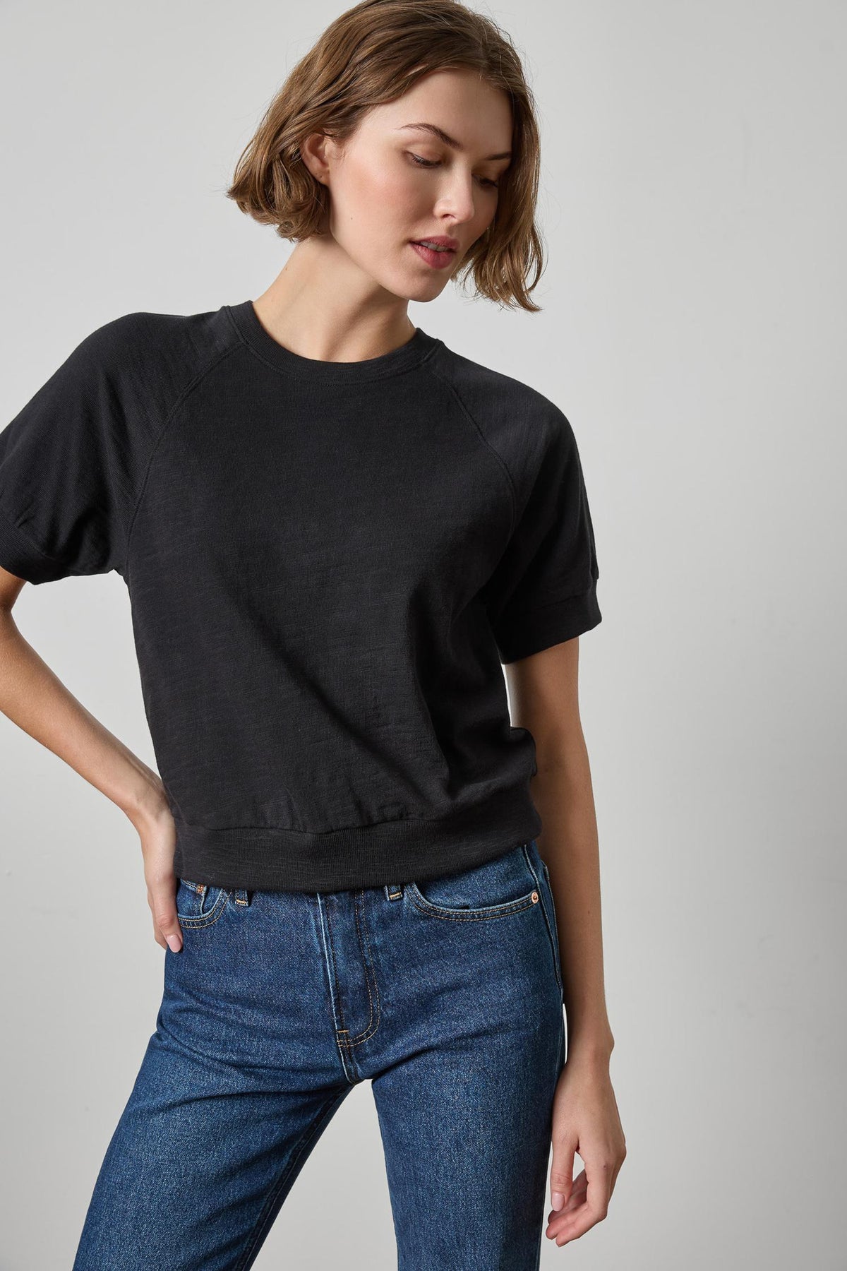 Vintage Short Sleeve Raglan Womens Top Black A1