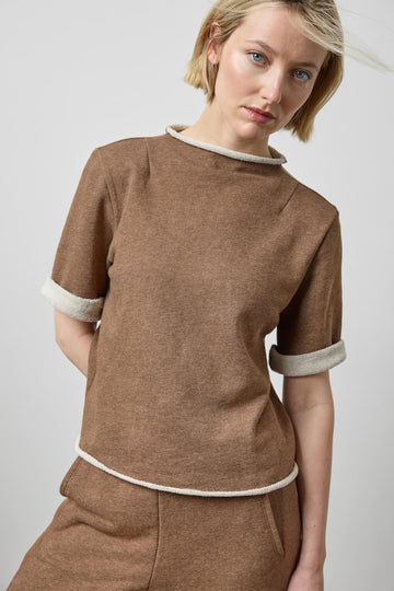 Roll Neck Short Sleeve Sweatshirt in color Cocoa Heather Image A1