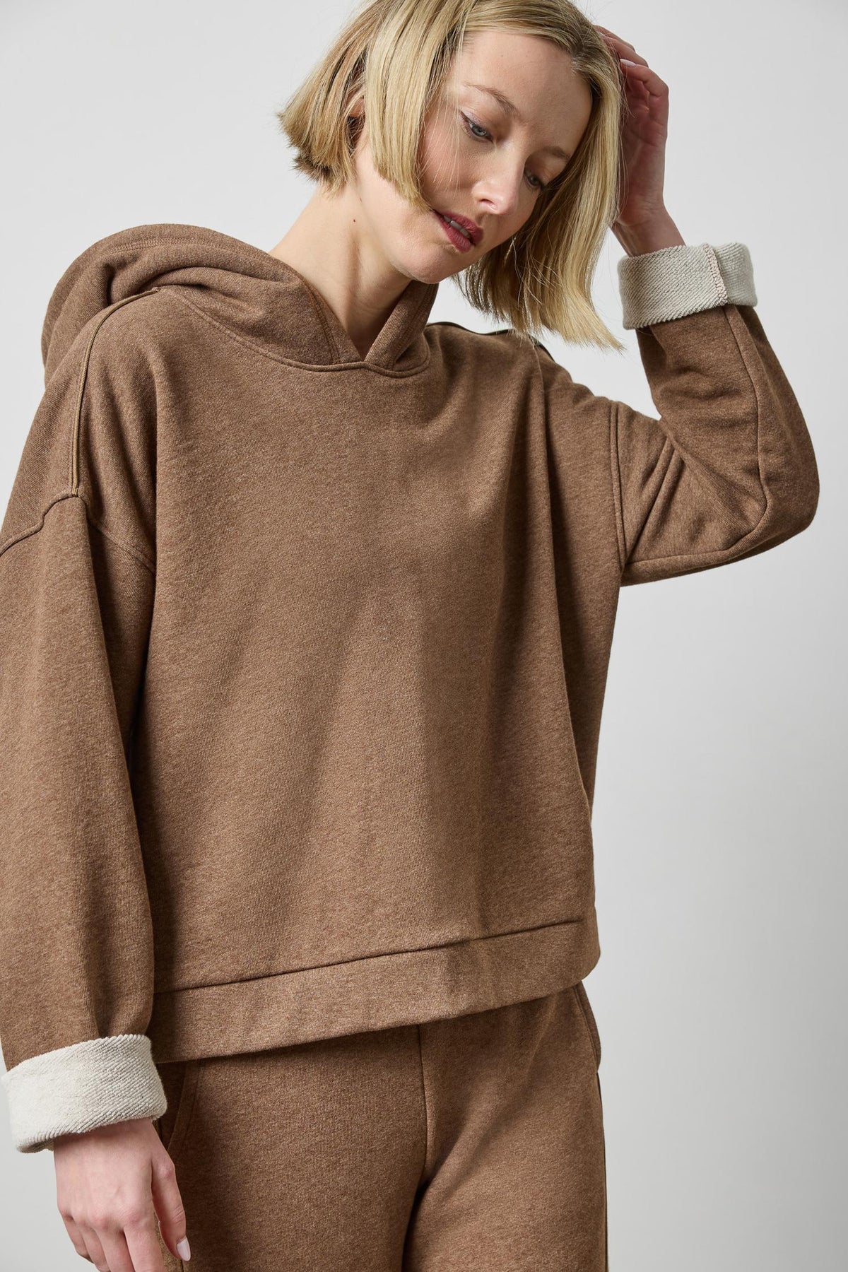 Drop Shoulder Hoodie Sweatshirt in color Cocoa Heather Image A3