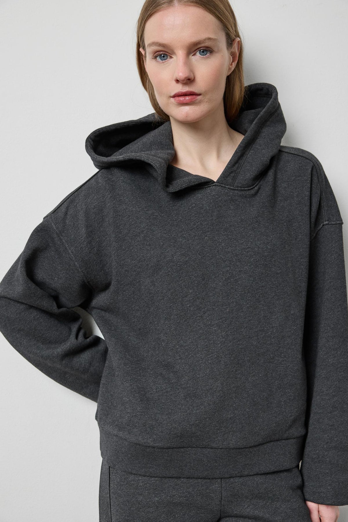 Drop Shoulder Hoodie Sweatshirt in color Graphite Heather Image A1
