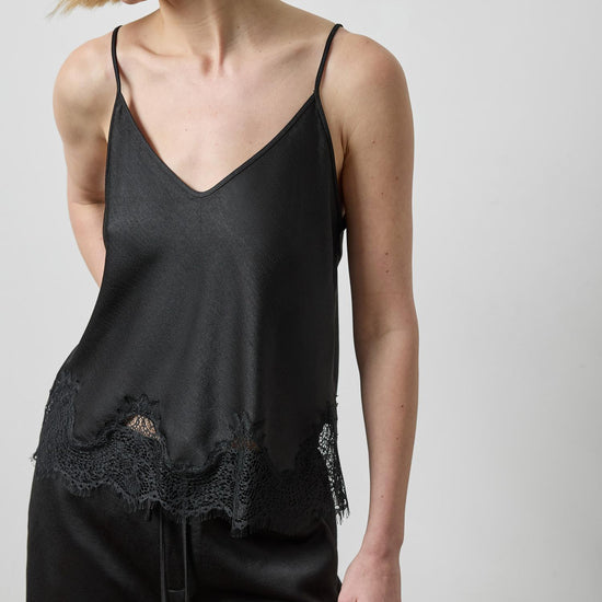 Crepe Satin Cami with Lace Trim in color Black Image A1