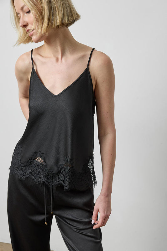 Crepe Satin Cami with Lace Trim in color Black Image A1
