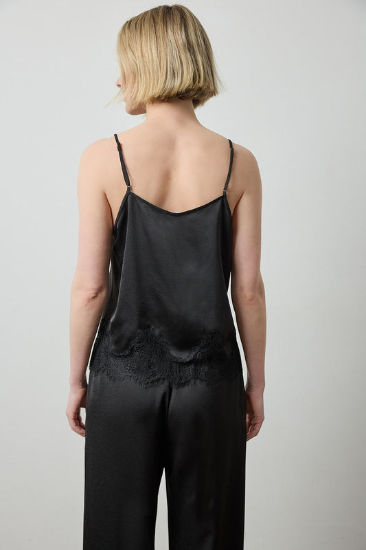 Crepe Satin Cami with Lace Trim in color Black Image A2
