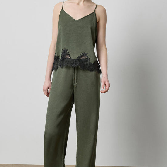 Crepe Satin Cami with Lace Trim in color Fir Image A0